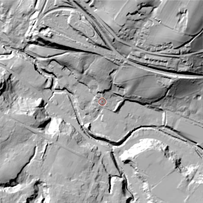Shaded relief map of the ground around SK137GA, computed from Environment Agency LiDAR. The ground here sits at about 136 m above sea level and falls 84 m across the surrounding 800 m. Surface water reaching this point runs off ground lying to the north, 32.3 m higher.