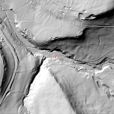 Shaded relief map of the ground around SK137PW, computed from Environment Agency LiDAR. The ground here sits at about 187 m above sea level and falls 108 m across the surrounding 800 m. Surface water reaching this point runs off ground lying to the south, 54.0 m higher.