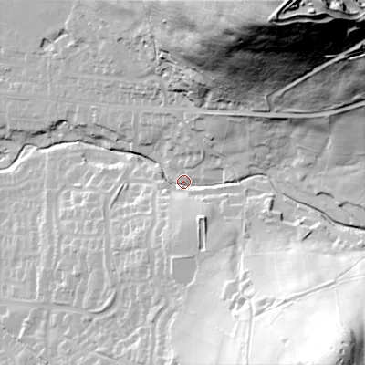 Shaded relief map of the ground around SK137PX, computed from Environment Agency LiDAR. The ground here sits at about 175 m above sea level and falls 127 m across the surrounding 800 m. Surface water reaching this point runs off ground lying to the north-east, 98.8 m higher.