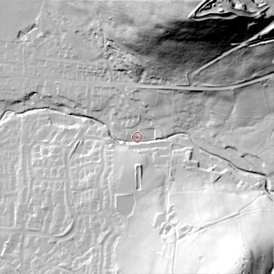 Shaded relief map of the ground around SK137QB, computed from Environment Agency LiDAR. The ground here sits at about 177 m above sea level and falls 127 m across the surrounding 800 m. Surface water reaching this point runs off ground lying to the north-east, 97.9 m higher.