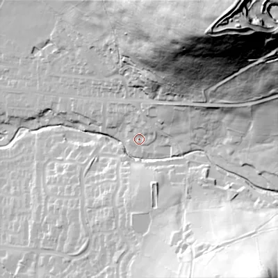 Shaded relief map of the ground around SK137QN, computed from Environment Agency LiDAR. The ground here sits at about 176 m above sea level and falls 137 m across the surrounding 800 m. Surface water reaching this point runs off ground lying to the north-east, 12.5 m higher.