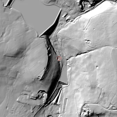 Shaded relief map of the ground around SK137QR, computed from Environment Agency LiDAR. The ground here sits at about 201 m above sea level and falls 100 m across the surrounding 800 m. Surface water reaching this point runs off ground lying to the east-north-east, 79.5 m higher.