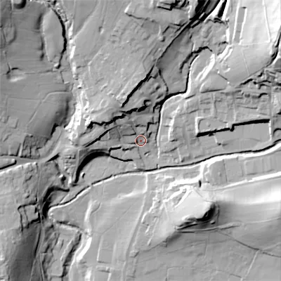 Shaded relief map of the ground around SK137RU, computed from Environment Agency LiDAR. The ground here sits at about 170 m above sea level and falls 67 m across the surrounding 800 m. Surface water reaching this point runs off ground lying to the north-west, 16.7 m higher.