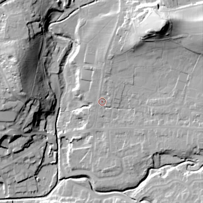 Shaded relief map of the ground around SK137SH, computed from Environment Agency LiDAR. The ground here sits at about 163 m above sea level and falls 46 m across the surrounding 800 m. Surface water reaching this point runs off ground lying to the north-east, 28.8 m higher.