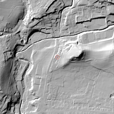 Shaded relief map of the ground around SK137SQ, computed from Environment Agency LiDAR. The ground here sits at about 171 m above sea level and falls 48 m across the surrounding 800 m. Surface water reaching this point runs off ground lying to the east, 22.0 m higher.