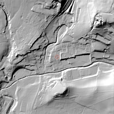 Shaded relief map of the ground around SK137SX, computed from Environment Agency LiDAR. The ground here sits at about 173 m above sea level and falls 94 m across the surrounding 800 m. Surface water reaching this point runs off ground lying to the north-east, 33.6 m higher.