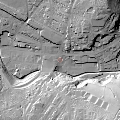 Shaded relief map of the ground around SK138AQ, computed from Environment Agency LiDAR. The ground here sits at about 150 m above sea level and falls 66 m across the surrounding 800 m. Surface water reaching this point runs off ground lying to the south-east, 57.2 m higher.