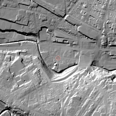 Shaded relief map of the ground around SK138AT, computed from Environment Agency LiDAR. The ground here sits at about 142 m above sea level and falls 50 m across the surrounding 800 m. Surface water reaching this point runs off ground lying to the south-east, 16.1 m higher.