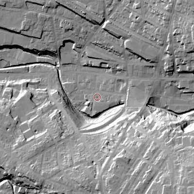 Shaded relief map of the ground around SK138AY, computed from Environment Agency LiDAR. The ground here sits at about 143 m above sea level and falls 51 m across the surrounding 800 m. Surface water reaching this point runs off ground lying to the south-east, 15.4 m higher.