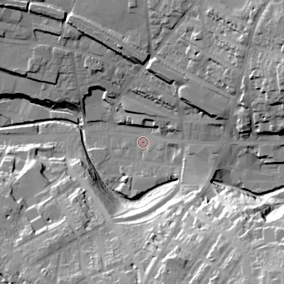 Shaded relief map of the ground around SK138AZ, computed from Environment Agency LiDAR. The ground here sits at about 143 m above sea level and falls 49 m across the surrounding 800 m. Surface water reaching this point runs off ground lying to the east-north-east, 31.1 m higher.