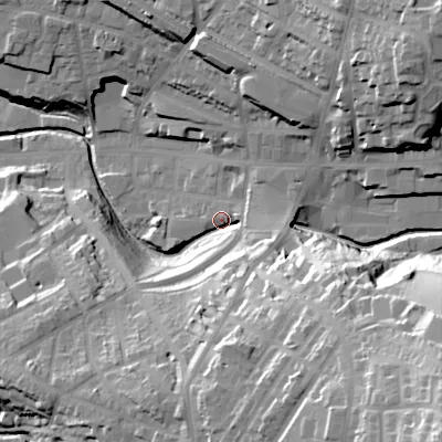 Shaded relief map of the ground around SK138BA, computed from Environment Agency LiDAR. The ground here sits at about 145 m above sea level and falls 58 m across the surrounding 800 m. Surface water reaching this point runs off ground lying to the south, 27.2 m higher.