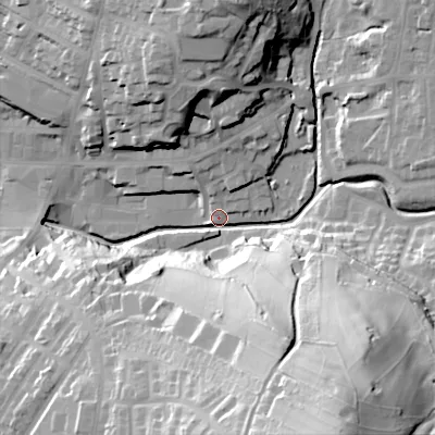 Shaded relief map of the ground around SK138BF, computed from Environment Agency LiDAR. The ground here sits at about 151 m above sea level and falls 73 m across the surrounding 800 m. Surface water reaching this point runs off ground lying to the south-south-east, 71.2 m higher.
