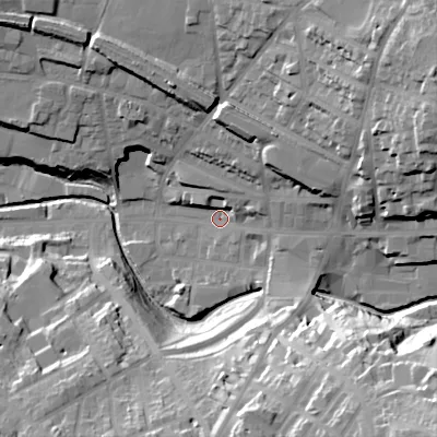 Shaded relief map of the ground around SK138BH, computed from Environment Agency LiDAR. The ground here sits at about 143 m above sea level and falls 49 m across the surrounding 800 m. Surface water reaching this point runs off ground lying to the east-north-east, 30.6 m higher.