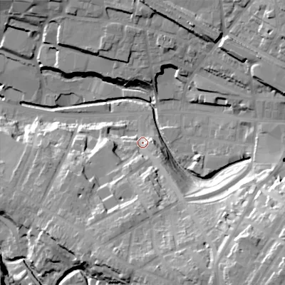 Shaded relief map of the ground around SK138DN, computed from Environment Agency LiDAR. The ground here sits at about 144 m above sea level and falls 44 m across the surrounding 800 m. Surface water reaching this point runs off ground lying to the south-south-east, 31.9 m higher.