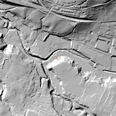 Shaded relief map of the ground around SK138EP, computed from Environment Agency LiDAR. The ground here sits at about 133 m above sea level and falls 64 m across the surrounding 800 m. Surface water reaching this point runs off ground lying to the north-north-east, 54.2 m higher.