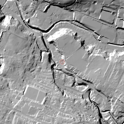 Shaded relief map of the ground around SK138EW, computed from Environment Agency LiDAR. The ground here sits at about 137 m above sea level and falls 44 m across the surrounding 800 m. Surface water reaching this point runs off ground lying to the east-south-east, 16.8 m higher.