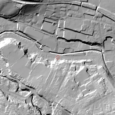 Shaded relief map of the ground around SK138EX, computed from Environment Agency LiDAR. The ground here sits at about 136 m above sea level and falls 39 m across the surrounding 800 m. Surface water reaching this point runs off ground lying to the north, 25.4 m higher.