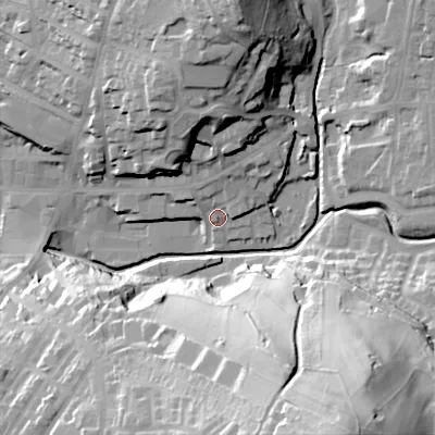 Shaded relief map of the ground around SK138EZ, computed from Environment Agency LiDAR. The ground here sits at about 153 m above sea level and falls 69 m across the surrounding 800 m. Surface water reaching this point runs off ground lying to the north, 5.7 m higher.