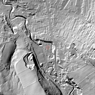 Shaded relief map of the ground around SK138GQ, computed from Environment Agency LiDAR. The ground here sits at about 164 m above sea level and falls 82 m across the surrounding 800 m. Surface water reaching this point runs off ground lying to the east-south-east, 52.0 m higher.