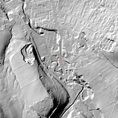 Shaded relief map of the ground around SK138GR, computed from Environment Agency LiDAR. The ground here sits at about 165 m above sea level and falls 94 m across the surrounding 800 m. Surface water reaching this point runs off ground lying to the east, 60.7 m higher.