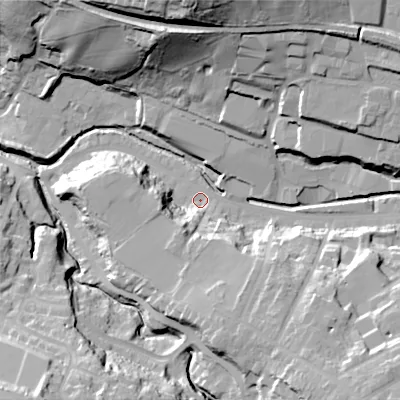Shaded relief map of the ground around SK138HF, computed from Environment Agency LiDAR. The ground here sits at about 134 m above sea level and falls 46 m across the surrounding 800 m. Surface water reaching this point runs off ground lying to the south-east, 28.0 m higher.