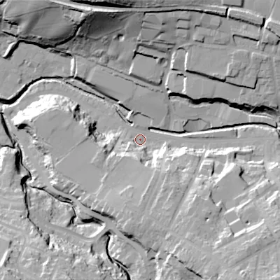 Shaded relief map of the ground around SK138HH, computed from Environment Agency LiDAR. The ground here sits at about 135 m above sea level and falls 42 m across the surrounding 800 m. Surface water reaching this point runs off ground lying to the south-east, 28.1 m higher.