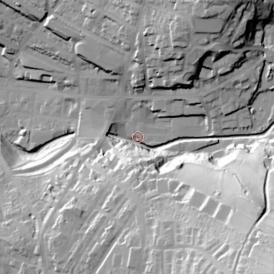 Shaded relief map of the ground around SK138HS, computed from Environment Agency LiDAR. The ground here sits at about 148 m above sea level and falls 74 m across the surrounding 800 m. Surface water reaching this point runs off ground lying to the south-east, 69.2 m higher.