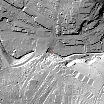 Shaded relief map of the ground around SK138HT, computed from Environment Agency LiDAR. The ground here sits at about 145 m above sea level and falls 71 m across the surrounding 800 m. Surface water reaching this point runs off ground lying to the south-east, 58.7 m higher.