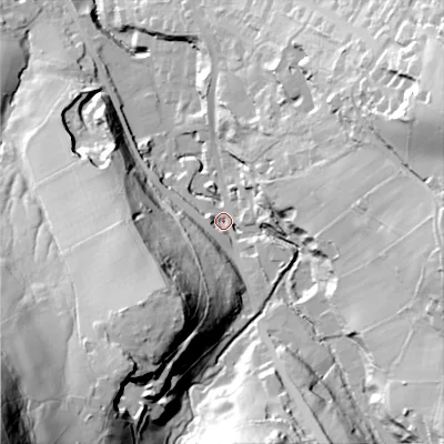 Shaded relief map of the ground around SK138LD, computed from Environment Agency LiDAR. The ground here sits at about 166 m above sea level and falls 105 m across the surrounding 800 m. Surface water reaching this point runs off ground lying to the south-west, 67.1 m higher.