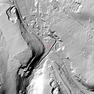 Shaded relief map of the ground around SK138LF, computed from Environment Agency LiDAR. The ground here sits at about 173 m above sea level and falls 77 m across the surrounding 800 m. Surface water reaching this point runs off ground lying to the west-south-west, 41.2 m higher.