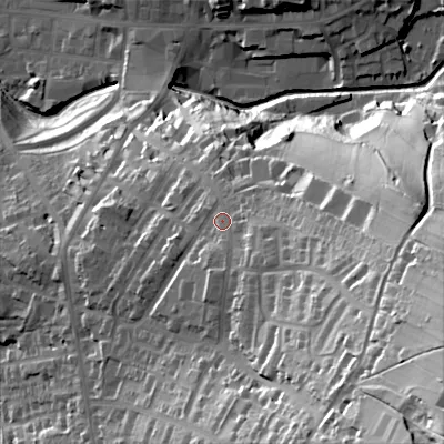 Shaded relief map of the ground around SK138NE, computed from Environment Agency LiDAR. The ground here sits at about 177 m above sea level and falls 90 m across the surrounding 800 m. Surface water reaching this point runs off ground lying to the east-south-east, 40.5 m higher.