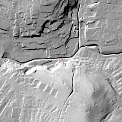 Shaded relief map of the ground around SK138PY, computed from Environment Agency LiDAR. The ground here sits at about 151 m above sea level and falls 76 m across the surrounding 800 m. Surface water reaching this point runs off ground lying to the south-south-east, 73.4 m higher.