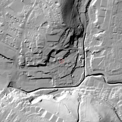 Shaded relief map of the ground around SK138QA, computed from Environment Agency LiDAR. The ground here sits at about 158 m above sea level and falls 53 m across the surrounding 800 m. Surface water reaching this point runs off ground lying to the north, 6.2 m higher.