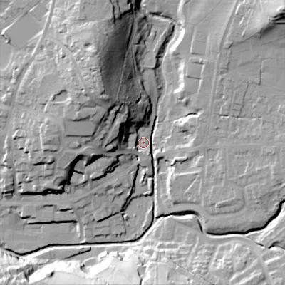 Shaded relief map of the ground around SK138QE, computed from Environment Agency LiDAR. The ground here sits at about 155 m above sea level and falls 43 m across the surrounding 800 m. Surface water reaching this point runs off ground lying to the north-north-west, 35.2 m higher.