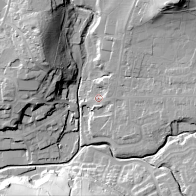 Shaded relief map of the ground around SK138QF, computed from Environment Agency LiDAR. The ground here sits at about 157 m above sea level and falls 47 m across the surrounding 800 m. Surface water reaching this point runs off ground lying to the north-east, 35.7 m higher.