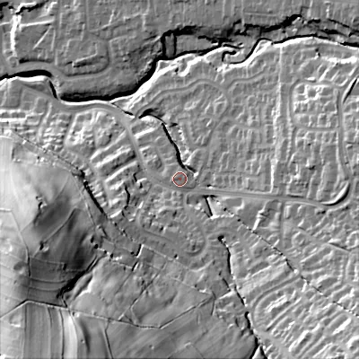 Shaded relief map of the ground around SK138RF, computed from Environment Agency LiDAR. The ground here sits at about 167 m above sea level and falls 78 m across the surrounding 800 m. Surface water reaching this point runs off ground lying to the south-west, 61.5 m higher.