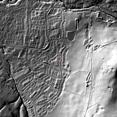 Shaded relief map of the ground around SK138RG, computed from Environment Agency LiDAR. The ground here sits at about 188 m above sea level and falls 116 m across the surrounding 800 m. Surface water reaching this point runs off ground lying to the east-south-east, 72.6 m higher.