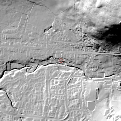 Shaded relief map of the ground around SK138SL, computed from Environment Agency LiDAR. The ground here sits at about 171 m above sea level and falls 129 m across the surrounding 800 m. Surface water reaching this point runs off ground lying to the north-east, 113.0 m higher.
