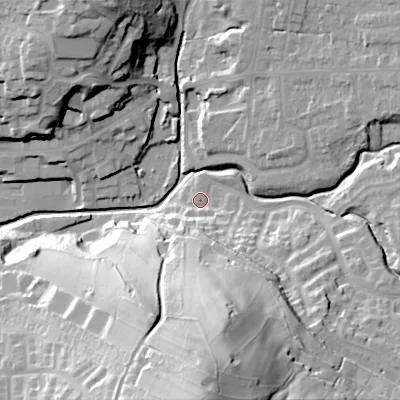 Shaded relief map of the ground around SK138TD, computed from Environment Agency LiDAR. The ground here sits at about 154 m above sea level and falls 71 m across the surrounding 800 m. Surface water reaching this point runs off ground lying to the south, 59.3 m higher.