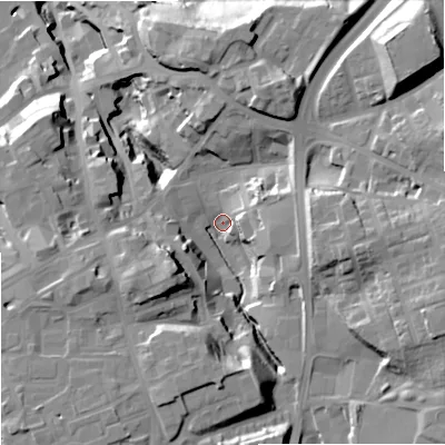 Shaded relief map of the ground around SK13BU, computed from Environment Agency LiDAR. The ground here sits at about 62 m above sea level and falls 36 m across the surrounding 800 m. Surface water reaching this point runs off ground lying to the east-south-east, 20.3 m higher.