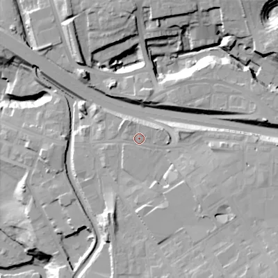 Shaded relief map of the ground around SK142BD, computed from Environment Agency LiDAR. The ground here sits at about 102 m above sea level and falls 39 m across the surrounding 800 m. Surface water reaching this point runs off ground lying to the south-east, 6.7 m higher.