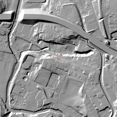 Shaded relief map of the ground around SK142BX, computed from Environment Agency LiDAR. The ground here sits at about 89 m above sea level and falls 34 m across the surrounding 800 m. Surface water reaching this point runs off ground lying to the east-south-east, 6.0 m higher.