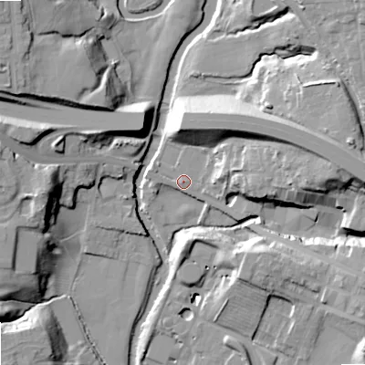 Shaded relief map of the ground around SK142DE, computed from Environment Agency LiDAR. The ground here sits at about 81 m above sea level and falls 27 m across the surrounding 800 m. Surface water reaching this point runs off ground lying to the east-north-east, 19.9 m higher.