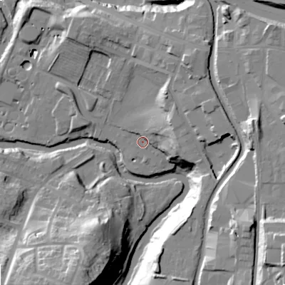 Shaded relief map of the ground around SK142DW, computed from Environment Agency LiDAR. The ground here sits at about 79 m above sea level and falls 42 m across the surrounding 800 m. Surface water reaching this point runs off ground lying to the east-north-east, 14.1 m higher.