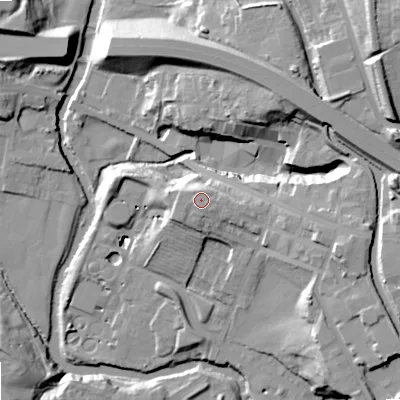Shaded relief map of the ground around SK142DY, computed from Environment Agency LiDAR. The ground here sits at about 91 m above sea level and falls 34 m across the surrounding 800 m. Surface water reaching this point runs off ground lying to the north-east, 1.0 m higher.