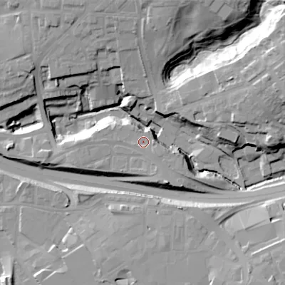Shaded relief map of the ground around SK142EP, computed from Environment Agency LiDAR. The ground here sits at about 104 m above sea level and falls 32 m across the surrounding 800 m. Surface water reaching this point runs off ground lying to the south-east, 2.0 m higher.