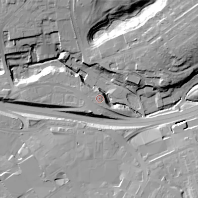 Shaded relief map of the ground around SK142HB, computed from Environment Agency LiDAR. The ground here sits at about 105 m above sea level and falls 37 m across the surrounding 800 m. Surface water reaching this point runs off ground lying to the west-south-west, 2.4 m higher.