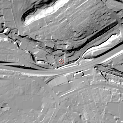 Shaded relief map of the ground around SK142HP, computed from Environment Agency LiDAR. The ground here sits at about 98 m above sea level and falls 37 m across the surrounding 800 m. Surface water reaching this point runs off ground lying to the north-north-east, 31.1 m higher.