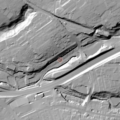 Shaded relief map of the ground around SK142JD, computed from Environment Agency LiDAR. The ground here sits at about 105 m above sea level and falls 39 m across the surrounding 800 m. Surface water reaching this point runs off ground lying to the north, 21.9 m higher.