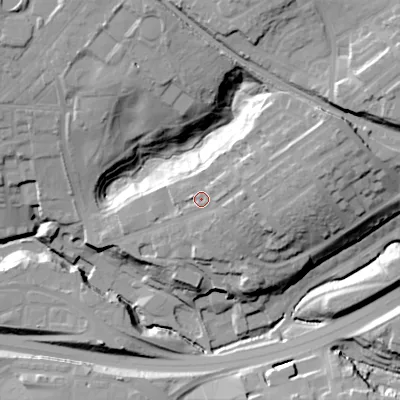 Shaded relief map of the ground around SK142LJ, computed from Environment Agency LiDAR. The ground here sits at about 114 m above sea level and falls 39 m across the surrounding 800 m. Surface water reaching this point runs off ground lying to the east-north-east, 13.1 m higher.